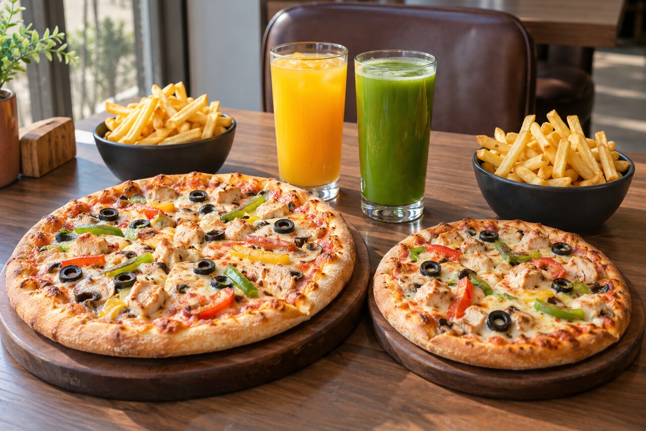 Package 6 - 2 special pizzas (S & M), 2 fresh juices & double fries