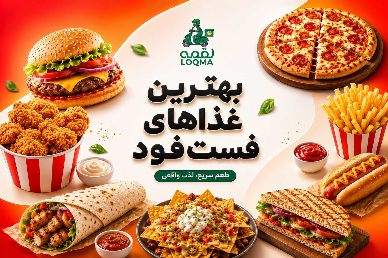 بهترین غذاهای فست‌فود شامل همبرگر، پیتزا، مرغ سوخاری و هات‌داگ